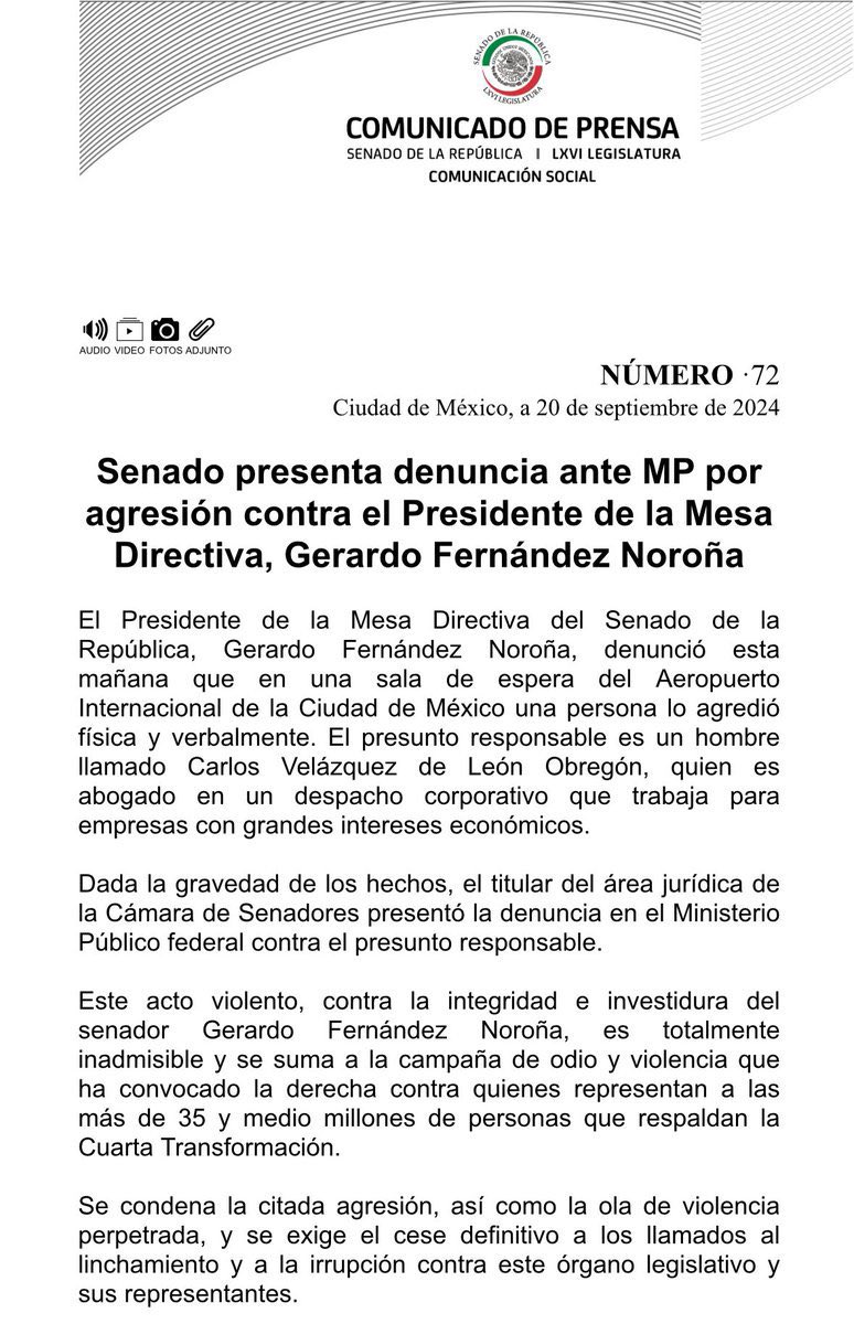 El comunicado del <a href="/senadomexicano/">Senado de México</a> por el caso de Fernández Noroña es espeluznante. 

Primero porque el Senado se asume como un órgano del partido en el gobierno, sin representación de otras fuerzas políticas votadas.
Segundo porque manda el mensaje de que el Poder Legislativo