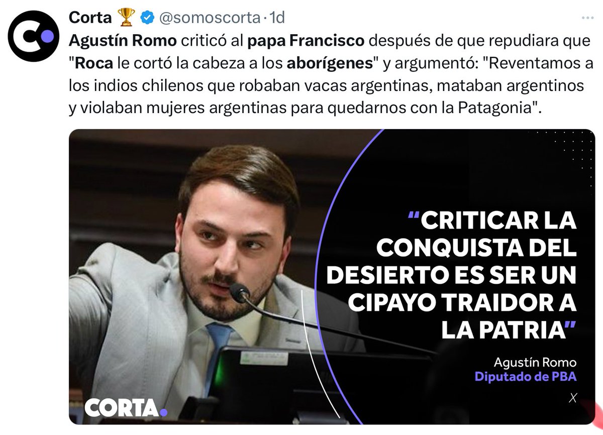 EAdamovsky's tweet photo. Ya explicado 100 veces, va de nuevo:
No había "indios chilenos". No solo porque los pueblos originarios preexisten a Chile y Argentina, sino además porque los que combatieron a Roca, como Sayhueque, se consideraban argentinos y eran reconocidos como tales por nuestro Estado https://t.co/8wUAw04stQ