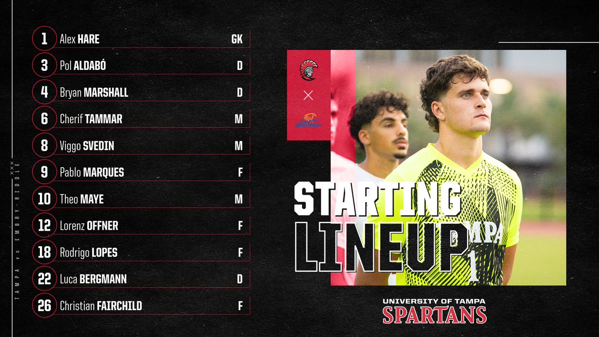 Here is your starting lineup for tonight's conference match against Embry-Riddle⬇️

Tune In:
📺 TampaSpartans.tv 
📊 TampaStats.com 

#TampaMSoc⚽️ x #StandAsOne🛡️