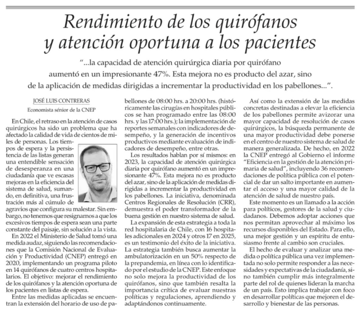 RBergoeingV's tweet image. Basado en recomendaciones de la @cnepchile, el Ministerio de Salud implementó en 14 quirófanos de 4 centros hospitalarios un programa piloto. Resultado: "la capacidad de atención quirúrgica diaria por quirófano aumentó en un impresionante 47%". ¡La gestión es clave!