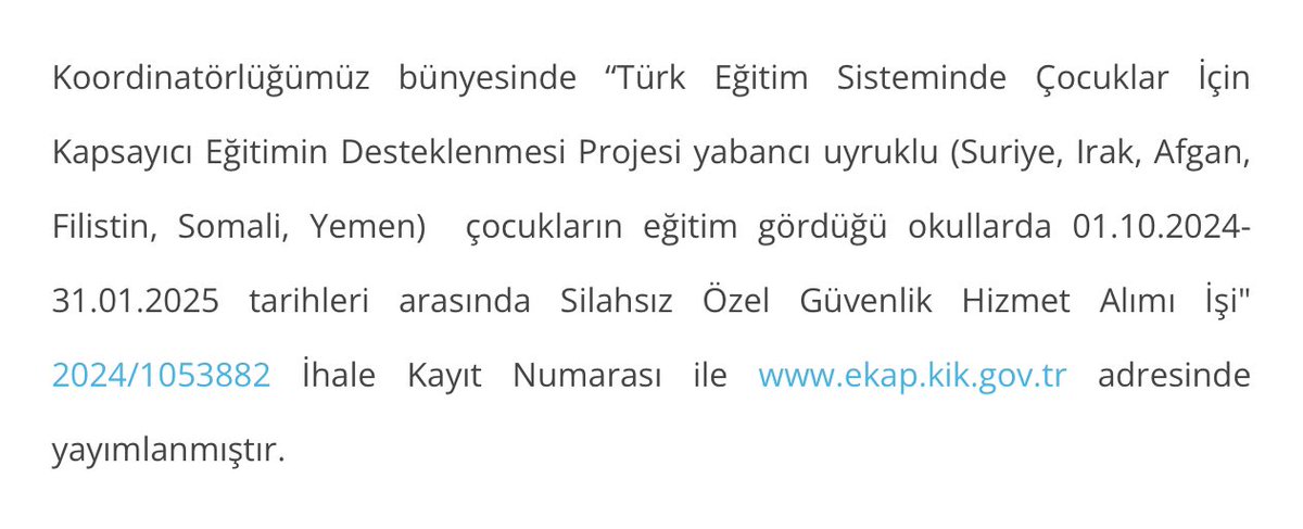 Ek olarak;
🇹🇷Milli Eğitim Bakanlığı 4 aylık bir temizlik ihalesine çıkıyor.
📍İhale; 29 ildeki Suriyeli, Iraklı, Filistinli, Somalili, Yemenli ve Afgan öğrencilerin eğitim gördüğü okulları kapsıyor.
📍Bu okulların temizliğini yüce devletimiz yaparken, Türk çocuklarının okuduğu