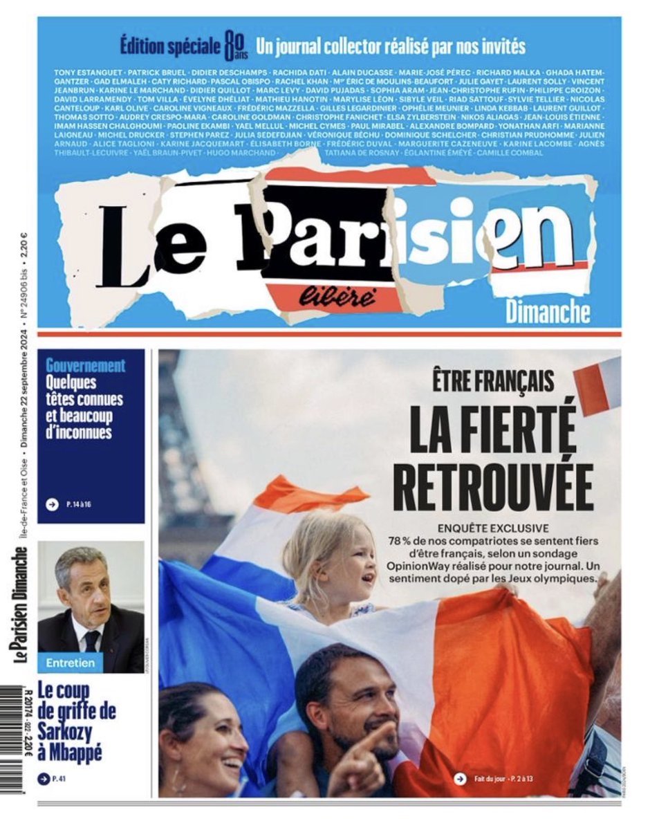 Un journal collector, réalisé par plus de 70 personnalités, à retrouver en kiosque ce dimanche et sur nos supports numériques kiosque.leparisien.fr #LeParisien80ans