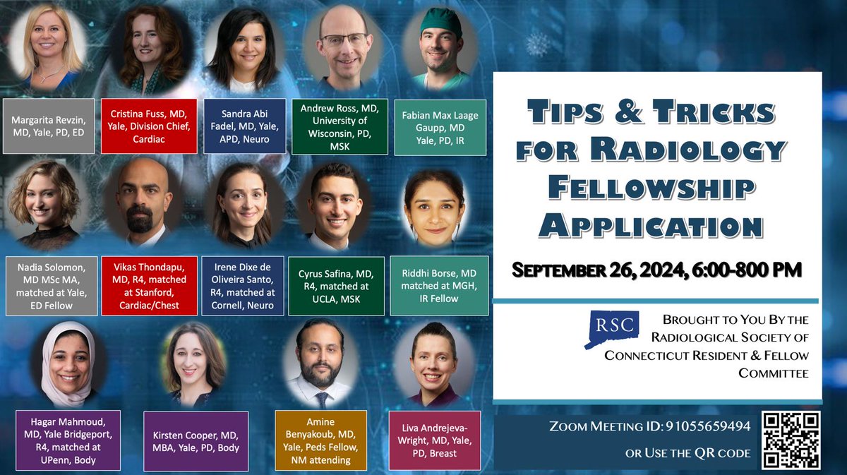 Please join us for our Radiology Fellowship Match Information session Thursday September 26th 6-8 pm EST.               

Tips and Tricks from our program directors and recent applicants who matched into highly competitive programs.

Scan the QR to join the meeting .
