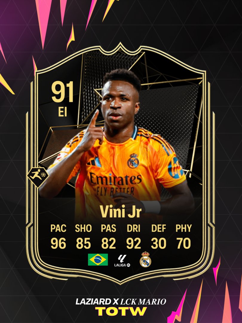 LaziardGraphics's tweet image. 🌟TOTW / @mmariomendezz

🇧🇷VINI JR 

#FC25 #RMTW #VINI