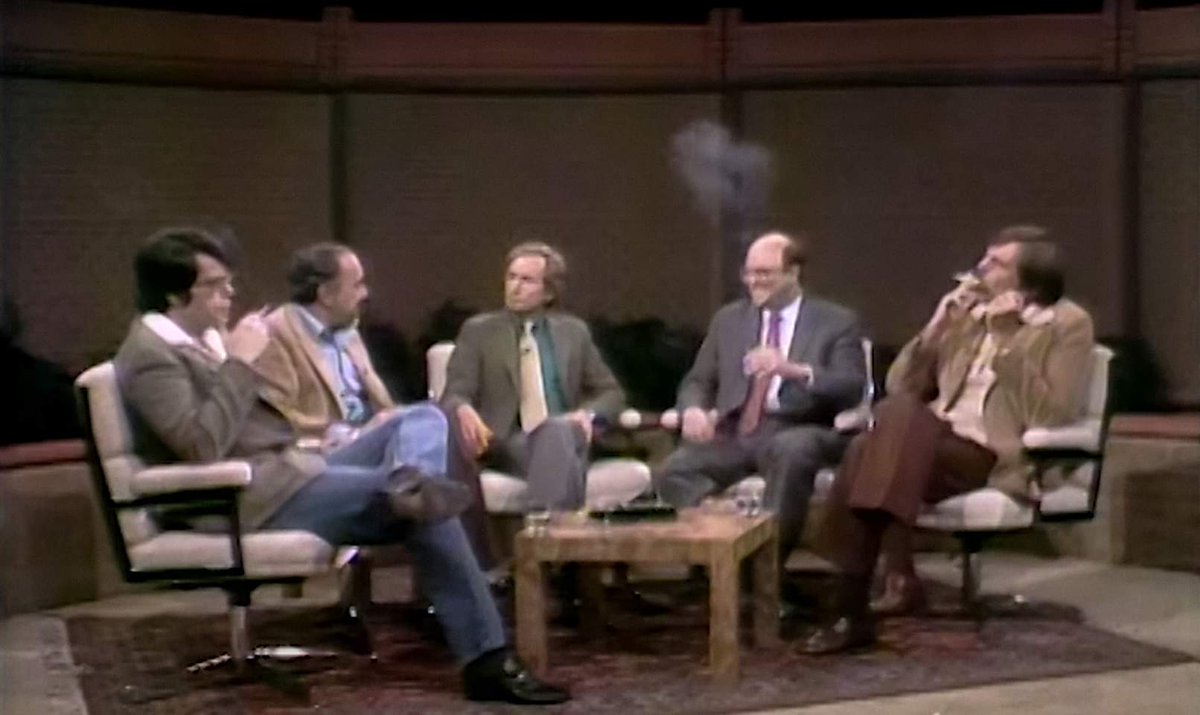 RichWritesWeird's tweet photo. Birthday cheers to legendary author Stephen King — pictured here on the Dick Cavett Show in 1980, ripping cigs with horror masterminds Ira Levin, Peter Straub, and George Romero. #stephenking https://t.co/VAT3gb1Xhy