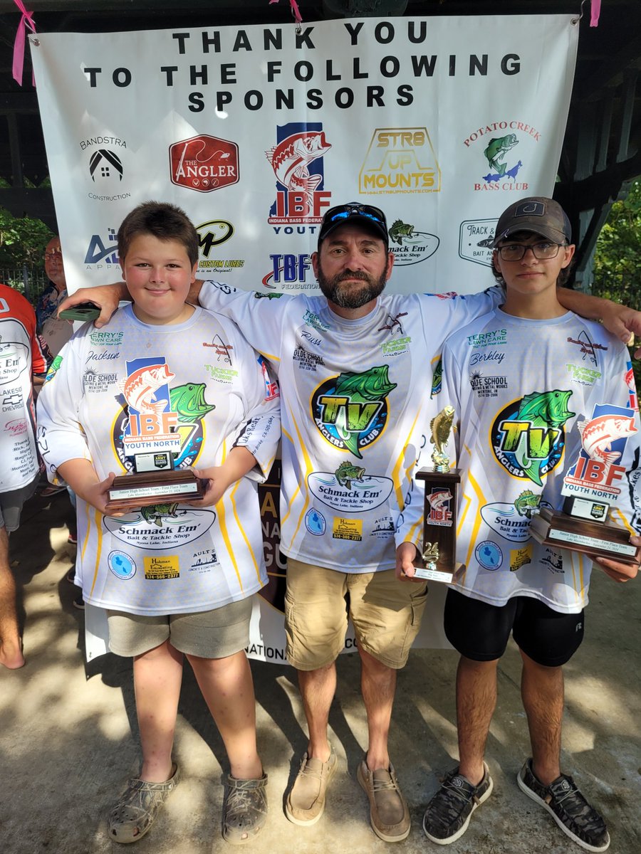 MrScottBackus's tweet photo. TV Angler's Club had a great day!  Big bass and youth division win for Berkley and Jackson.  High school division runner-up for AJ and Luke, and a jump back into first in IBF season points! https://t.co/xdLsjfE2VY