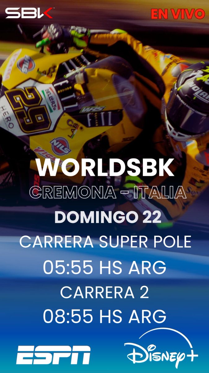 SebasPorto19's tweet photo. Horarios de Mañana Amigos!
#ITAWorldSBK 🇮🇹
@disneyplusla @WorldSBK https://t.co/Ge6YZj9xJ1