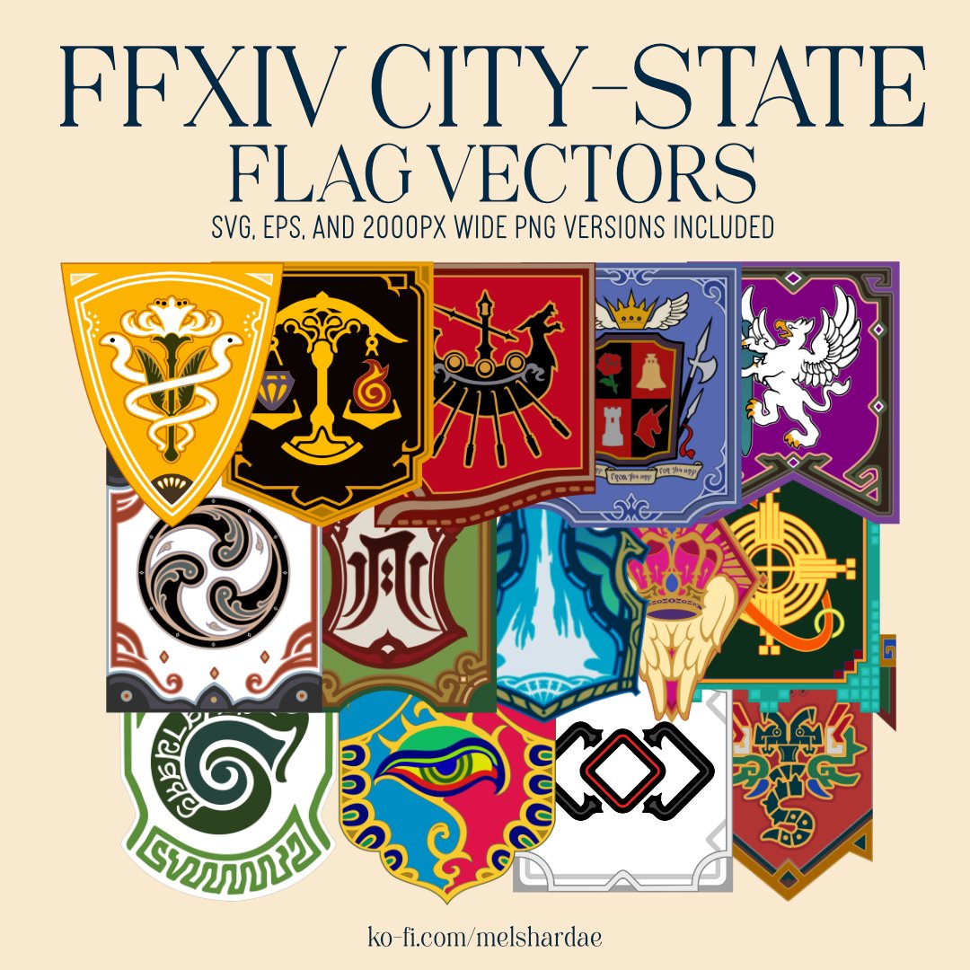 melshardae's tweet photo. the undertaking is finally complete.... 14 FFXIV city-state flags are fully vectored!! https://t.co/PXHKbGRBoM