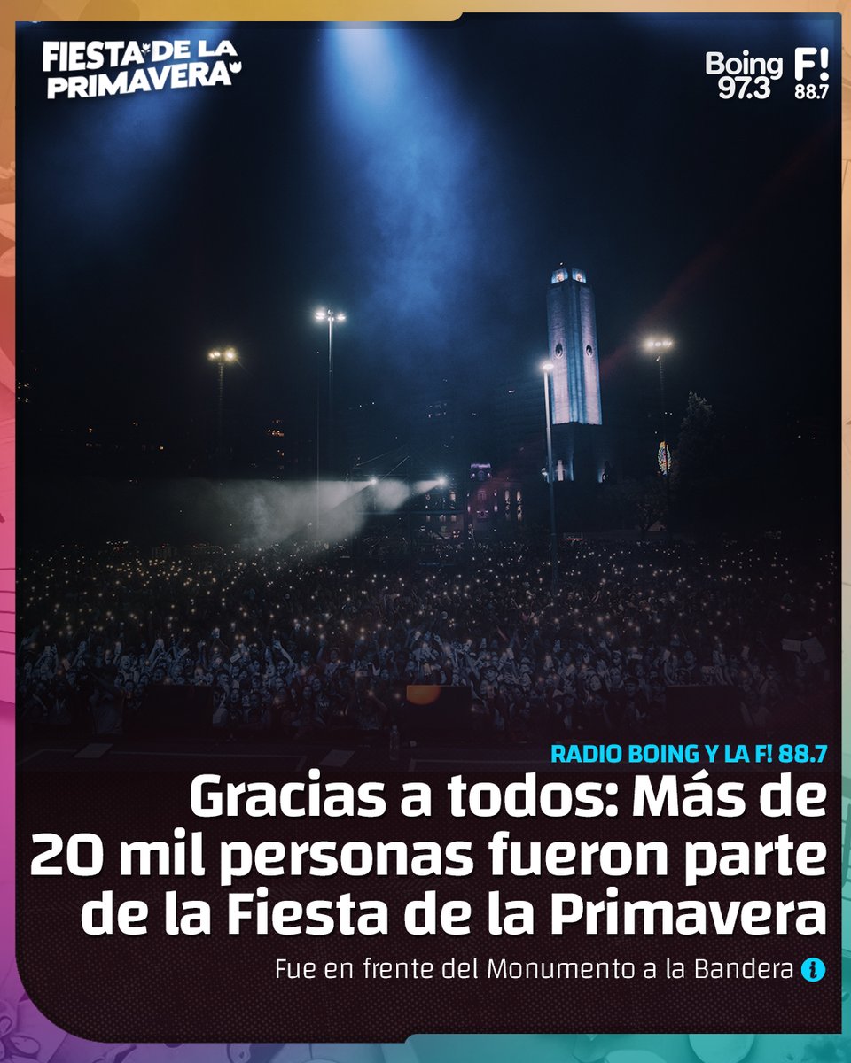 radioboing's tweet photo. GRACIAS A TODOS! 🙌

🎉Más de 20mil personas participaron de la Fiesta de la Primavera en frente del Monumento a la Bandera.

🎤 El día, de la mano de @radioboing y @LaF887, fue todo un éxito. Los presentes disfrutaron de los shows de Luis Hisgen (@luis_hisgen) con la HORA LOCA y Gaspii Dulcich (@gaspidulcich), Alejo (@alearribillaga) y Tobías Arribillaga (@TArribi) y para cerrar con beoche de oro EMANERO (@emanero).

🎙️ Los conductores del día fueron Nacho Moyano (@NachoMoyan0), Mica Ramirez (@mickyaramirez), Maxii Prada (@maxiiprada) y Georgi Serafini (@georserafini).
