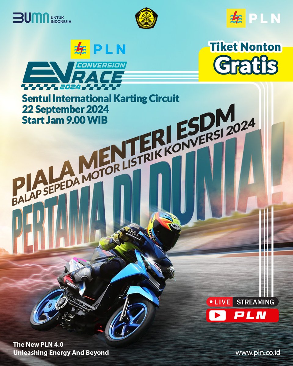_pln_id's tweet photo. Electrizen, jangan lewatkan kesempatan untuk menyaksikan Balap Motor Listrik Konversi Pertama di Dunia, di Sentul International Karting Circuit pada 22 September 2024, mulai pukul 09.00 WIB.

#PLN #PLNUntukIndonesia https://t.co/igU8mu8xIO