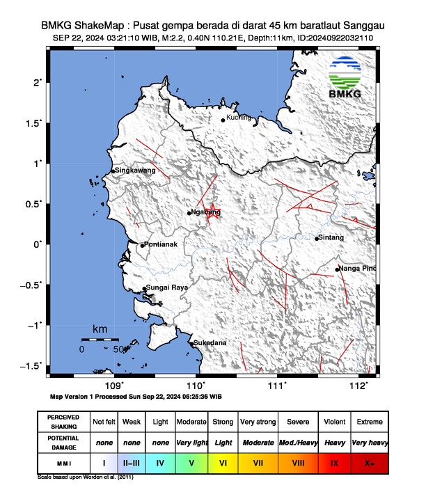 infoBMKG's tweet photo. #Gempa (UPDATE) Mag:2.2, 22-Sep-24 03:21:10 WIB, Lok:0.40 LU, 110.21 BT (Pusat gempa berada di darat 45 km baratlaut Sanggau), Kedlmn:11 Km Dirasakan (MMI) II-III Sanggau #BMKG https://t.co/tkHB7eKTPV