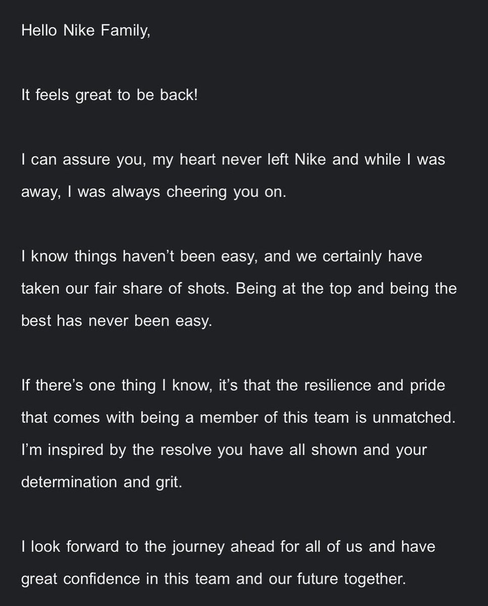 JustFreshKicks's tweet photo. LEAK: Incoming Nike CEO Elliott Hill sent out an email to the company employees 👀 https://t.co/bOFltNhZyu