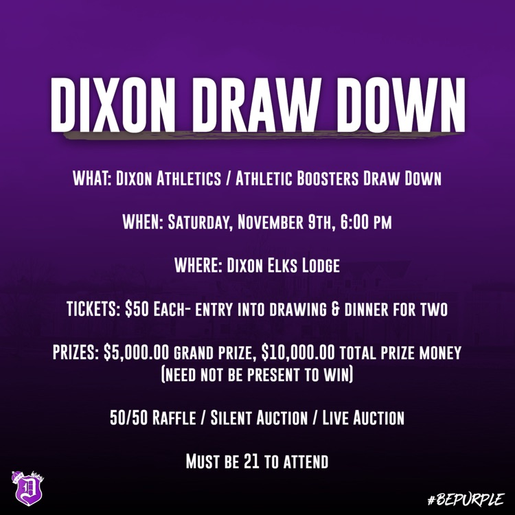 dukesduchesses's tweet photo. Draw Down tickets are on sale!  See an RMS/DHS coach to get yours. This is event is a great time, with great people, and you might even win some cash... #BePurple #WeAreDixon https://t.co/8TEOgpubzP
