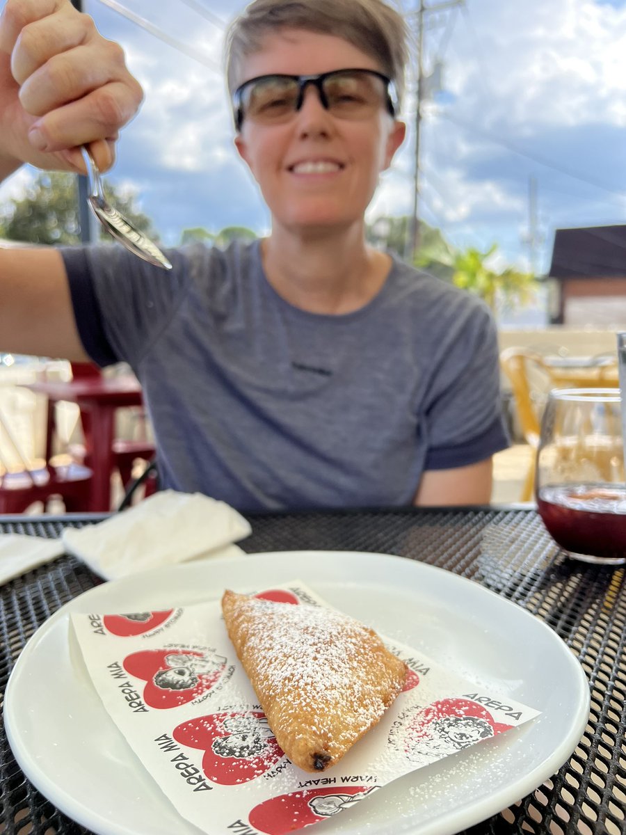 Beautiful day for cycling and lunch on the patio of <a href="/ArepaMia/">Arepa Mia®️™️</a>. We did a lot snacking on the ride and split a Cachapa, which is like a pancake, but made with sweet corn, then folded and filled with shredded meat vegetables, plus a fried empanada filled with guava paste for