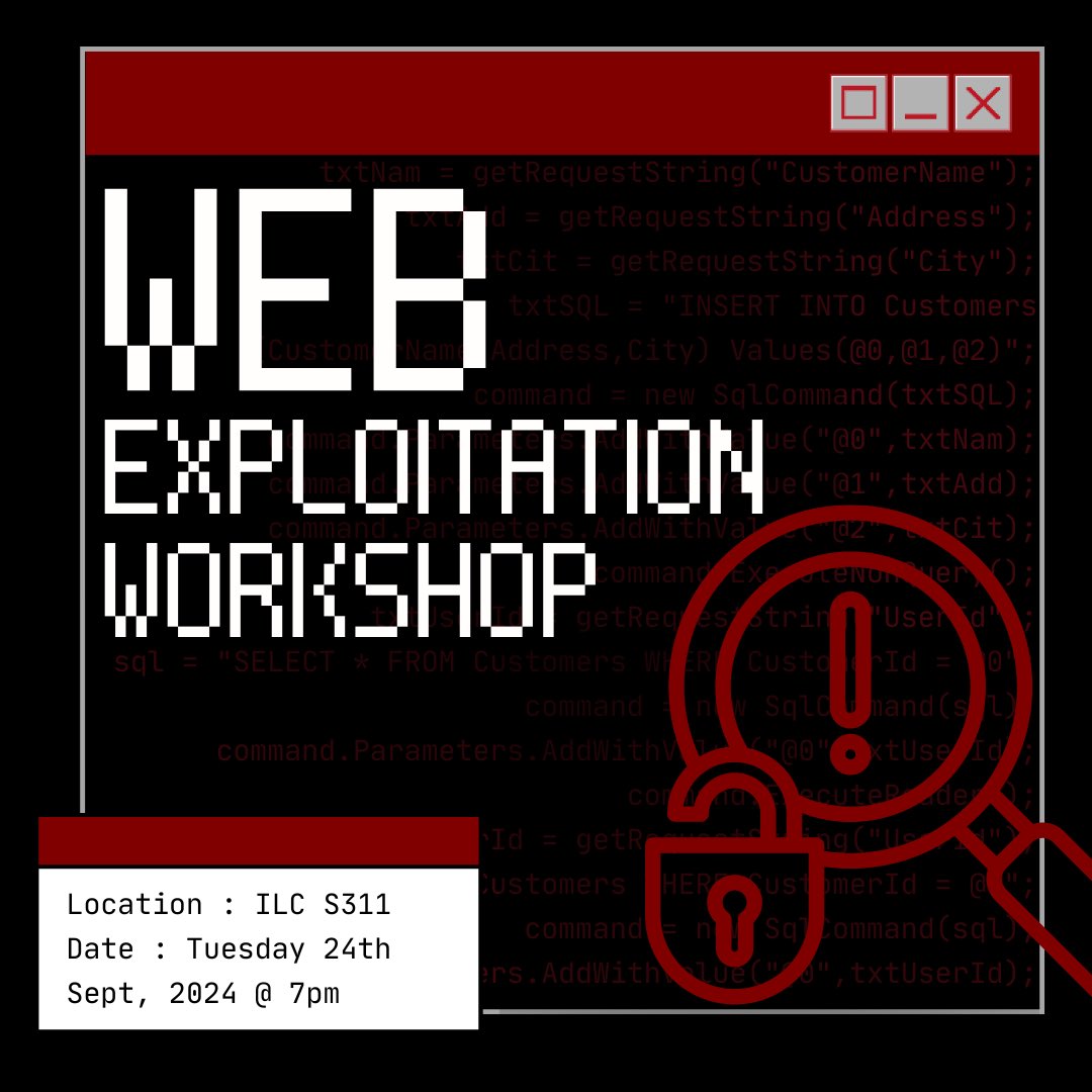 Join us next Tuesday the 24th @ 7-8pm in ILC S311 for our Intro to Web Exploitation Workshop!
In this workshop, we will be learning the basics of web exploitation, from using Burpsuite to intercept, edit, and resend HTTP requests to performing command injection exploits!