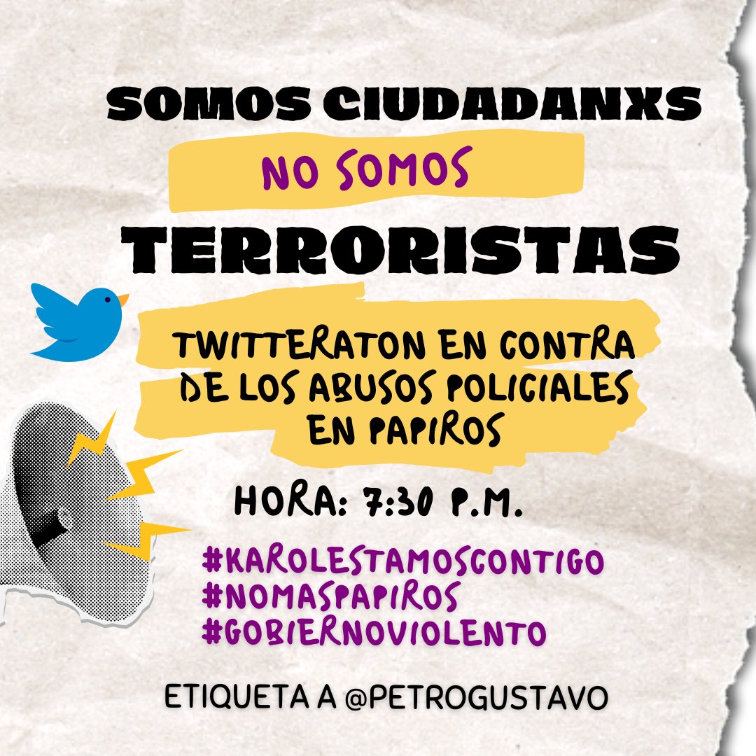 Hoy  a las 7:30PM, nos solidarizamos con los manifestantes de Papiros en un Twitteratón contra el abuso policial y el desmonte del peaje. ¡La violencia policial es un crimen! Exigimos JUSTICIA y RESPETO. La protesta es un derecho, ¡no un acto de terrorismo!

Comparte 🚨