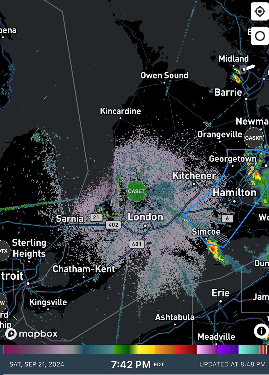 IWeatherON's tweet photo. #ONStorm #ONwx You know what’s a sure sign that summer is ending? Bird migration!

If you check the radar tonight (especially if you’re using IW Pro without noise reduction), you can actually see the migration happening right now in our skies!

Birds prefer to migrate at night to avoid predators and to benefit from the cooler temperatures without the heat of the sun.

Did you notice how, right after sunset, the radar went from mostly empty to being full of blue and green? That’s not precipitation – it’s birds!

- Brennen