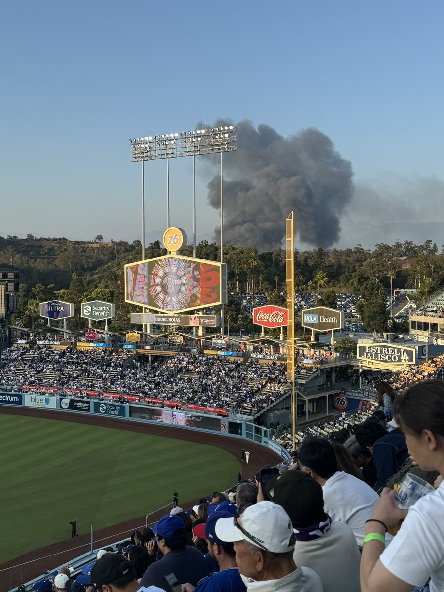 Something’s on fire (literally) in the outfield at Dodger Stadium