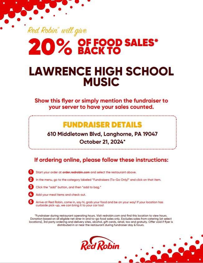 Sarah Foster (@sarah_paluzzi) on Twitter photo Oct 21 LIMBO fundraiser <a href="/redrobinburgers/">Red Robin</a> Langhorne! Can even order online and take to go! 20% benefits our amazing <a href="/CardinalsLHS/">Lawrence High School</a> Marching Band! <a href="/drobish_michael/">Lawrence High School Bands</a> Oct 21 LIMBO fundraiser <a href="/redrobinburgers/">Red Robin</a> Langhorne! Can even order online and take to go! 20% benefits our amazing <a href="/CardinalsLHS/">Lawrence High School</a> Marching Band! <a href="/drobish_michael/">Lawrence High School Bands</a>