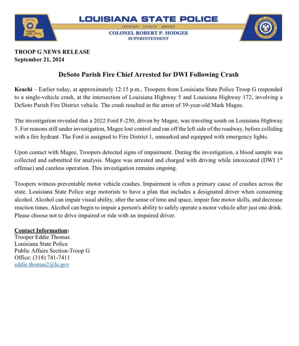 DeSoto Parish Fire Chief Arrested for DWI Following Crash