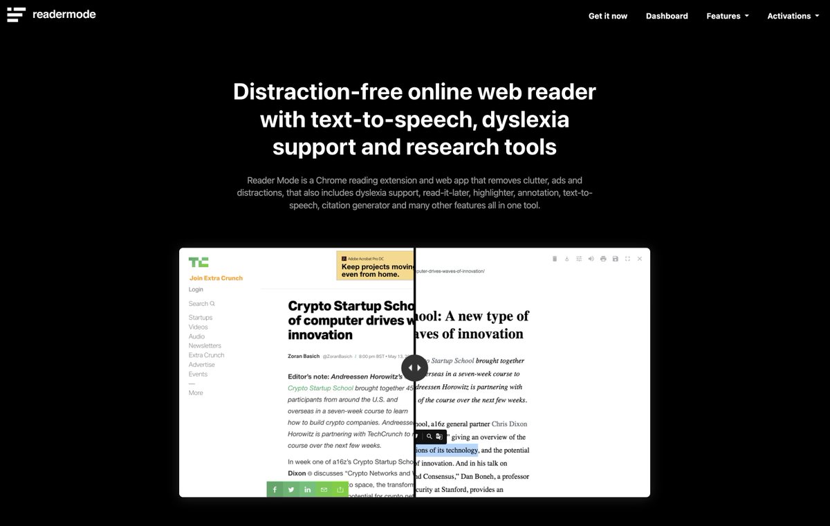 Webページをシンプルに読みやすくしてくれるChrome 拡張機能「Reader Mode」。
後で読む、蛍光ペン、注釈、テキスト読み上げなどあって便利そう。特に視覚障害やディスレクシア（読字障害）の方に向けたツールのよう。純正のReading Modeにストレスがあったので使ってみたい。
readermode.io