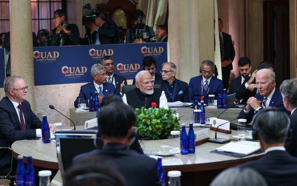 narendramodi's tweet photo. Glad to have met Quad Leaders during today’s Summit in Wilmington, Delaware. The discussions were fruitful, focusing on how Quad can keep working to further global good. We will keep working together in key sectors like healthcare, technology, climate change and capacity building.