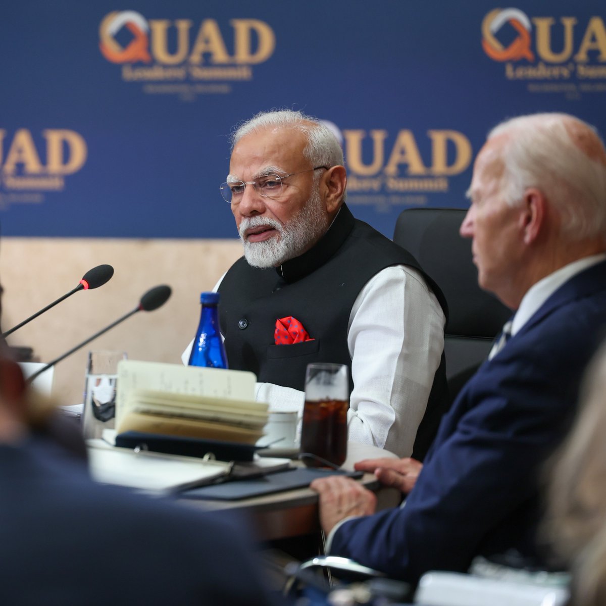 narendramodi's tweet photo. Glad to have met Quad Leaders during today’s Summit in Wilmington, Delaware. The discussions were fruitful, focusing on how Quad can keep working to further global good. We will keep working together in key sectors like healthcare, technology, climate change and capacity building.