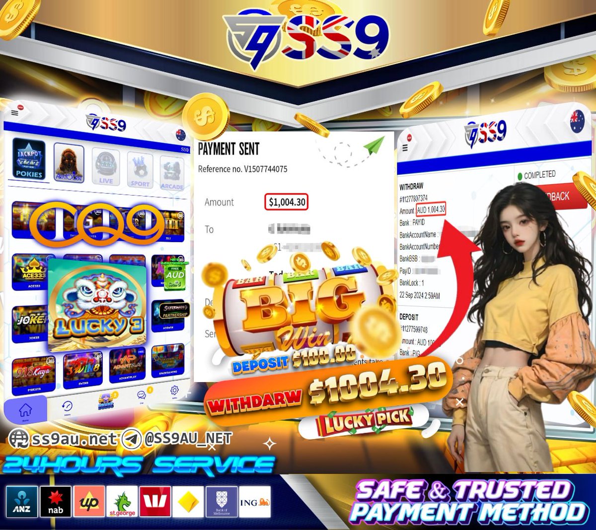 SS9AU_NET's tweet photo. 🦢Play Satisfy with Surprise🦢
🌟 SS9 Australia🇦🇺 | E-Wallet 🌟

DEPOSIT :  AUD AUD 100
GAME :  CQ9 (LUCKY 3)
WITHDRAW :  AUD 1,004.30

🟢 FREE AUD 8.99
🟢 New Register Free (Non-Deposit)
🟢 365Days Free Chips $0.1 - $1 https://t.co/mdAGMVABeW