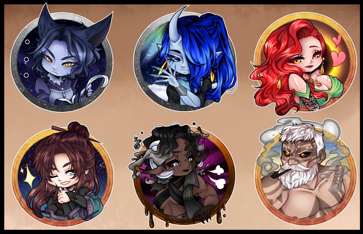 xiapharre's tweet photo. Little icons for an Exalted campaign I'm in!! I'm having lots of fun so far, so I had to draw them... I'll likely be opening commissions here shortly! ;) https://t.co/qZW5khLI9M