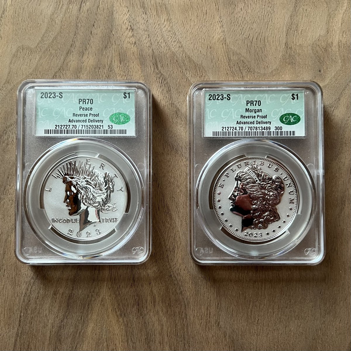 BluelineSocial's tweet photo. PR70 2023 Reverse Proof Peace and Morgan. Absolutely stunning detail. Happy to have added them to the collection. #Saturdaynightcoinshow https://t.co/SC7x17RtcI
