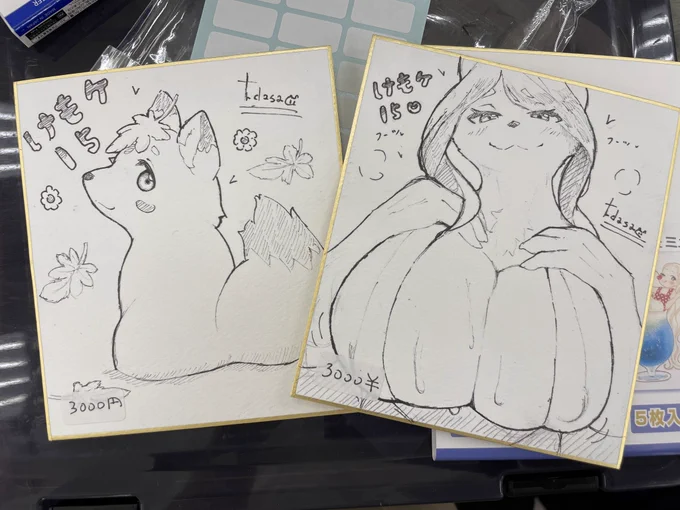 色紙の方ですがこんな感じになっておりますー!
今回はきなこちゃんとおばさん描いてきました🦊🦊
どちらも1枚3000円となっております!
こちらもぜひお手に取って下さいね〜(๑'ڡ`๑)✨ 