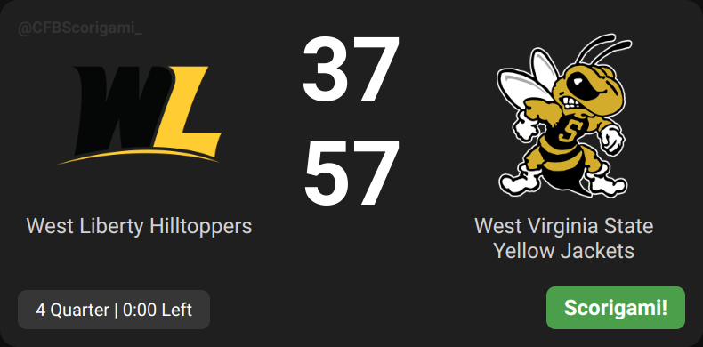 SCORIGAMI! The 2347th unique score in college football history! West Liberty Hilltoppers 37, West Virginia State Yellow Jackets 57 #Scorigami #CollegeFootball #CFBScorigami