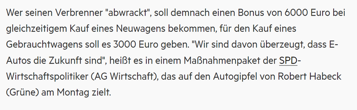 c_schwarzer's tweet photo. 6.000 Euro Abwrackprämie beim Neukauf eines Elektroautos und 3.000 Euro für Gebrauchte: Sorry @spdde, aber das ist pure Geldverbrennung, und es nimmt den Handlungsdruck von der Autoindustrie. Das Einzige, was dadurch gefördert wird, ist die Wut aufs Elektroauto. @sternde https://t.co/5hifdQFJBE
