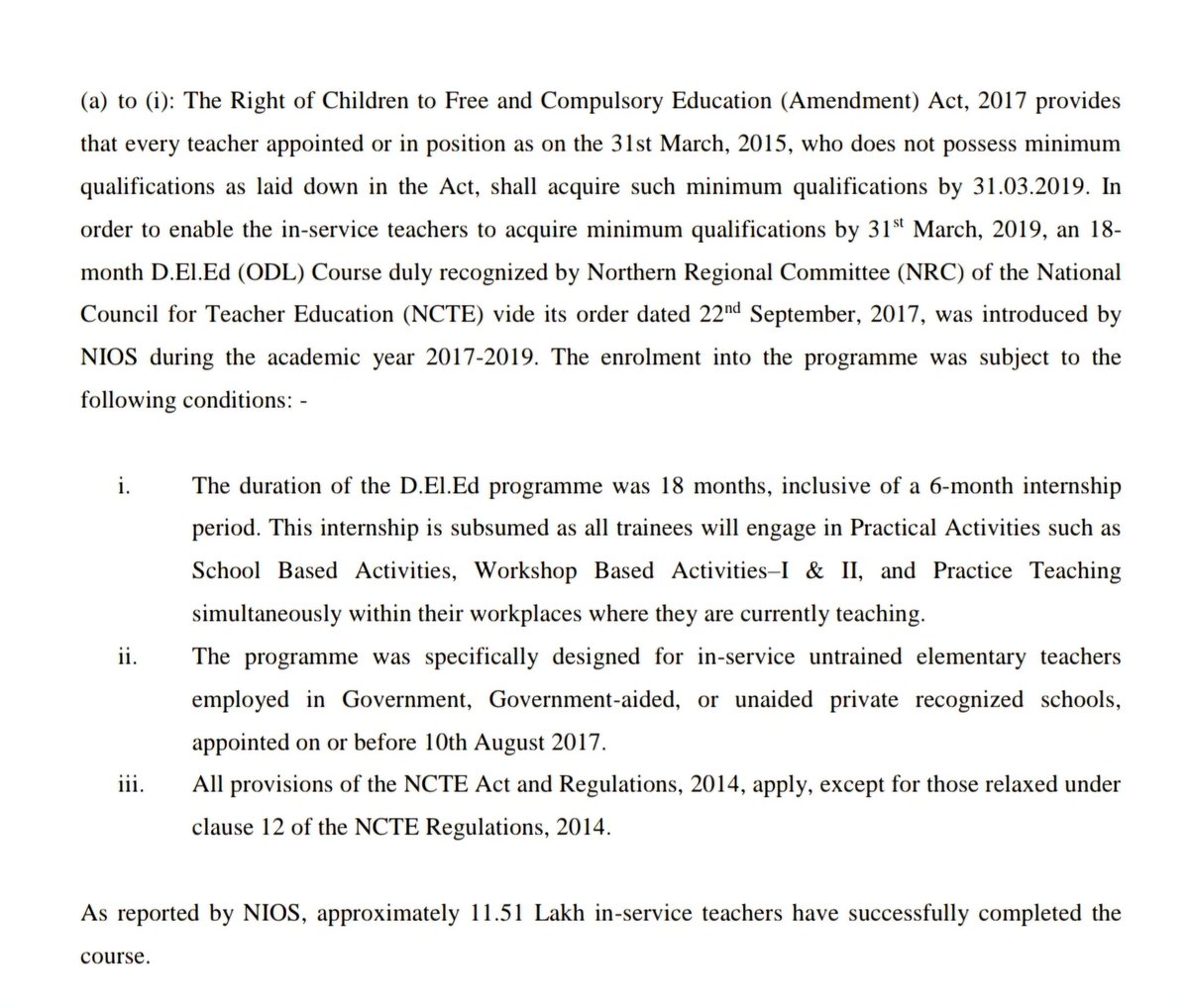 NIOS D.El.Ed: 2 साल का पूरा कोर्स! 18 महीने की पढ़ाई + 6 महीने की इंटर्नशिप = 2 साल का समर्पित समय! <a href="/EduMinOfIndia/">Ministry of Education</a> सुप्रीम कोर्ट को सच्चाई पहुंचाओ. NIOS D.El.Ed धारकों का भविष्य सुरक्षित करो! लोकसभा में मंत्रालय ने ये जवाब दिया है <a href="/dpradhanbjp/">Dharmendra Pradhan</a> #NIOSDELED #JUSTICE_NIOS_DELED