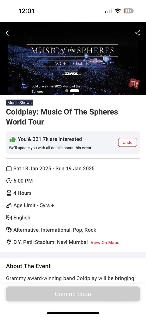 Shivanij1514's tweet photo. @bookmyshow why booking still not open??? Its 12:02pm now #Coldplay https://t.co/tZa1DdGh9M