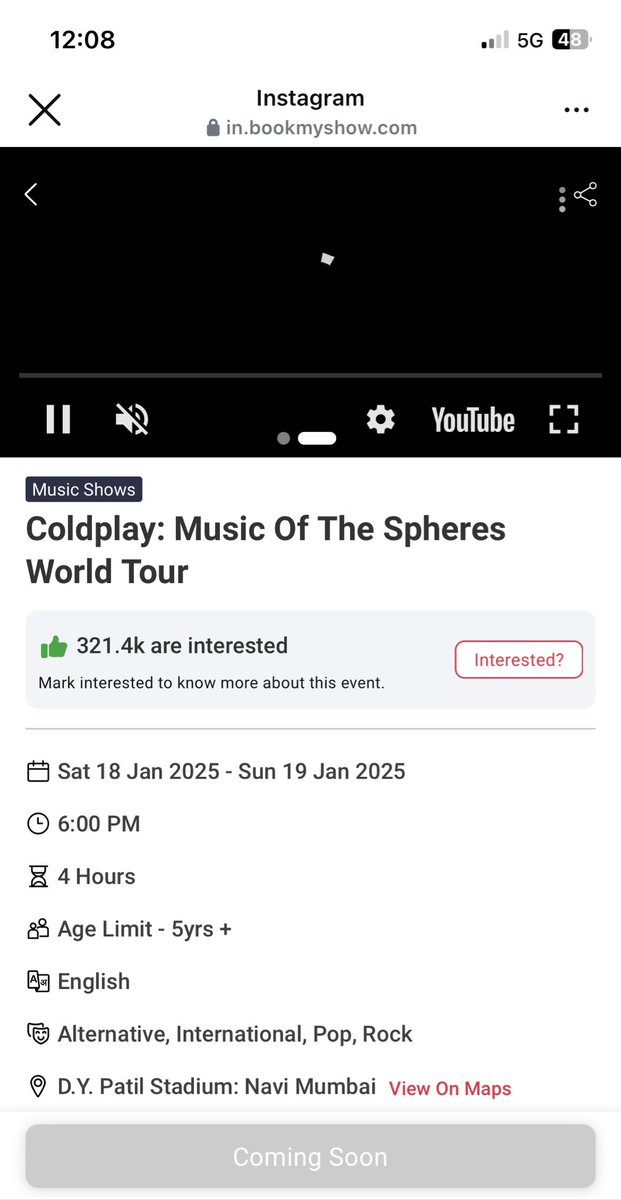 mehtapaulomee's tweet photo. Why @bookmyshow why?! #Coldplay #coldplaylive2025 @coldplay
12:09pm IST and still coming soon?! https://t.co/Xk2y6huTML