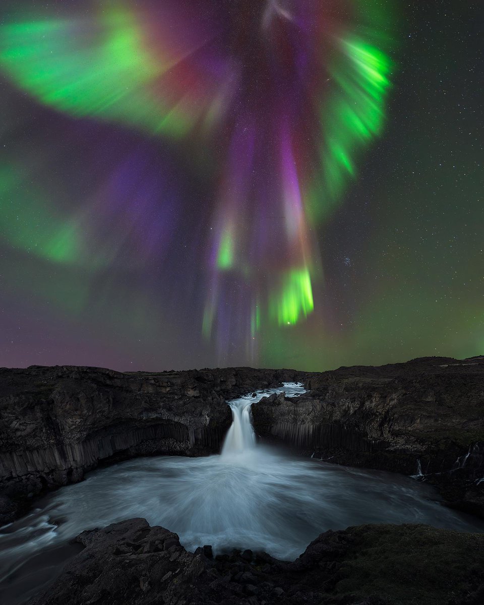 wallpaperable's tweet photo. Witness nature's masterpiece at Aldeyjarfoss, Iceland! 🌌 An aurora shaped like a soaring bird lights up the night sky. Click the link to uncover the magic! ✨ #Iceland #NorthernLights https://t.co/apk9QUUdjN