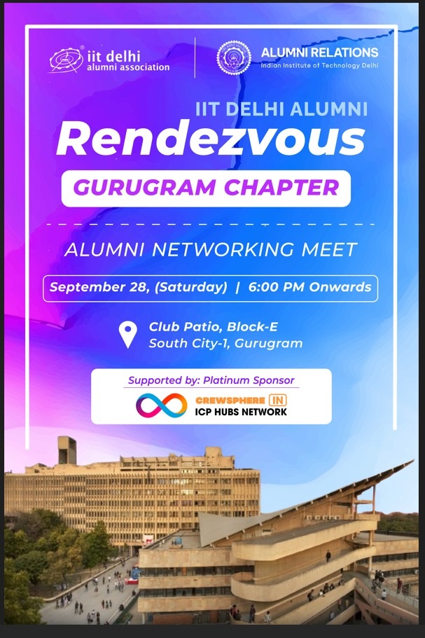 iitdalumni.com/events/12659

IIT Delhi Alumni Association Gurugram Chapter and Alumni Relations cordially invite you &amp; your family on 28thSept at Club Patio, Block-E, South City-1, Gurugram,  Register here: - iitdalumni.com/events/tickets… <a href="/iitdelhi/">IIT Delhi</a> <a href="/DMSIITD/">DMS, IIT Delhi</a> <a href="/iitdef/">IITDEF</a>