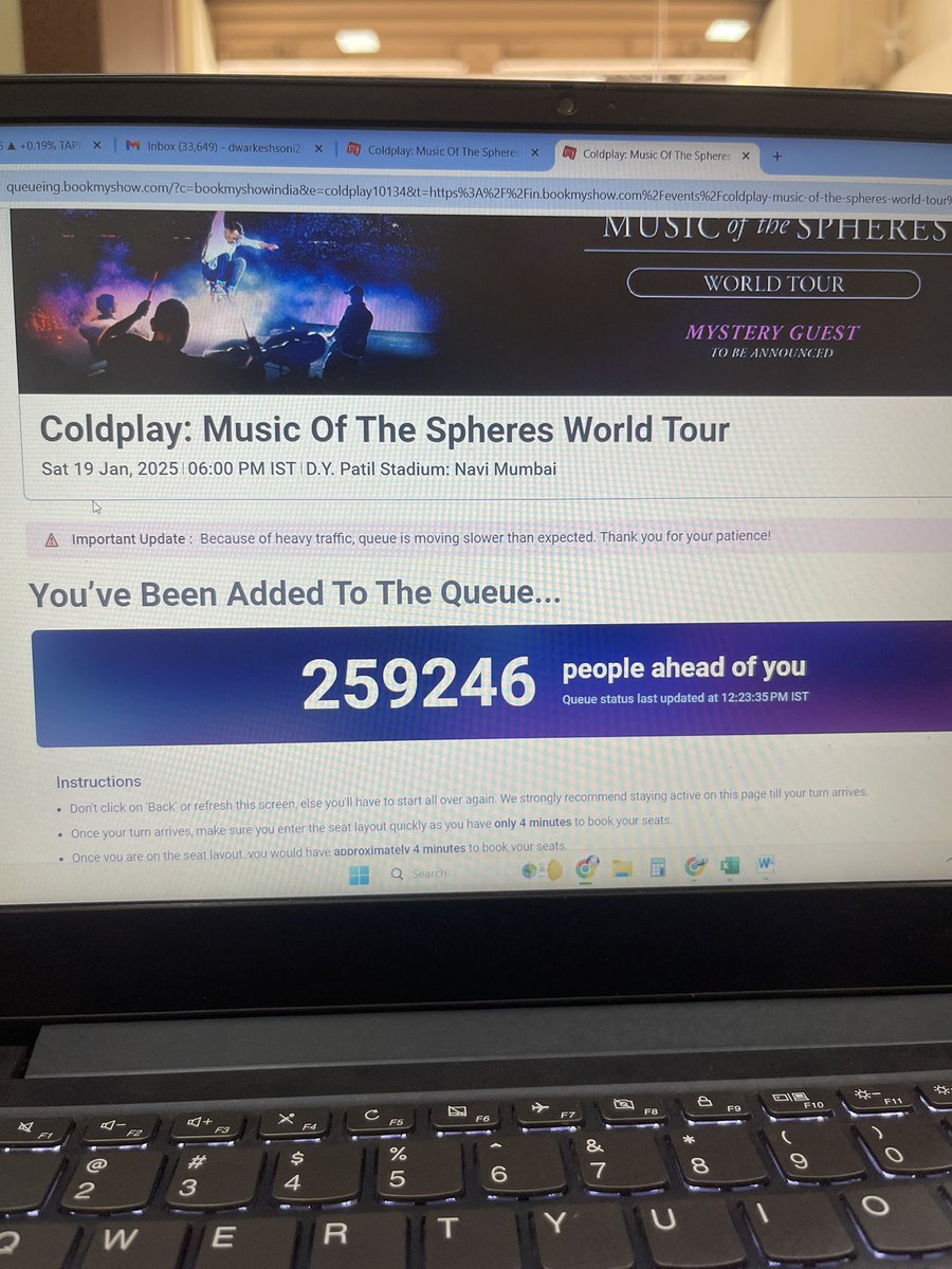 DKsoniii's tweet photo. “Finally got through on @bookmyshow , but now stuck in a queue with over 2.5 lakh people ahead of me! 😡 This is unacceptable for a major event like Coldplay’s concert. How can a platform this big be so unprepared? #ColdplayIndia2025 #BookMyShowFail #Disappointed” https://t.co/0rtJAmkLQ3