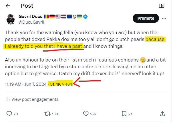 DucuGavril's tweet photo. Okay. So I will address it right out of the gate this morning so that the #Fellaship can make their own mind up and move on to more important matters like fundraisers and edumacation๐
I have a past and it was never a 'secret'๐ and I have spoken about it more than once.
All my close fellas were told in private about it and they can confirm it if they want. I did it because I refused to put my face on some of their initiatives and they needed to know why.
I did not want my past to be used to muddy other good people and their good causes. This tweet alone has 50k views๐and everyone who asked in private was given the answers they wanted. Not a secret.