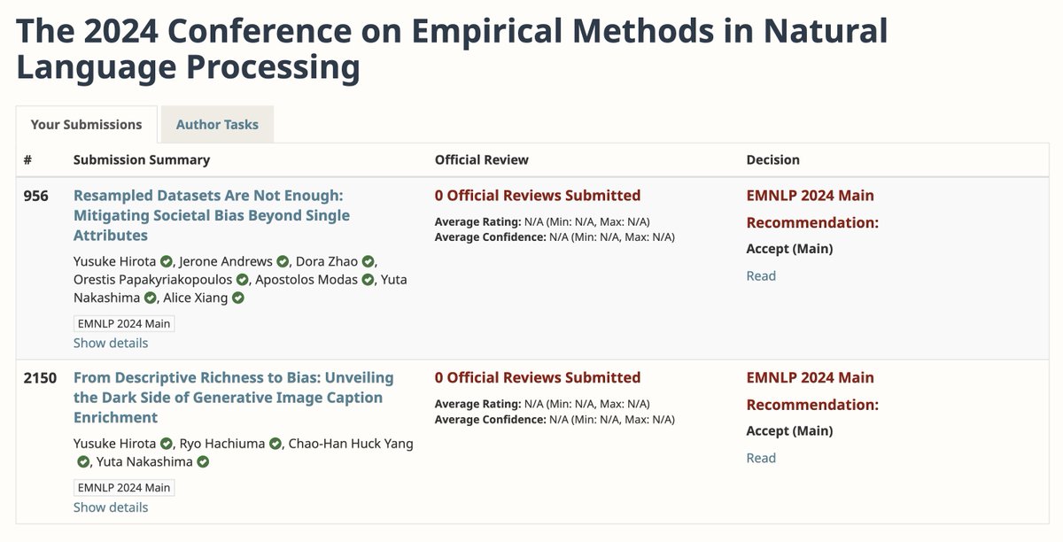 Yusuke Hirota @ICLR2025 🇸🇬 (@hirota_yusuke) on Twitter photo Glad to have two papers accepted to #EMNLP2024 as main! 🎉
1) "Resampled Datasets Are Not Enough: Mitigating Societal Bias Beyond Single Attributes" arxiv.org/abs/2407.03623 w/ Jerone Andrews, <a href="/dorazhao9/">Dora Zhao</a>, <a href="/SciOrestis/">Orestis Papakyriakopoulos</a>, <a href="/amodas_/">Apostolos Modas</a>, <a href="/YutaNakashima4/">Yuta Nakashima</a>, <a href="/alicexiang/">Alice Xiang</a>
🧵1/2 Glad to have two papers accepted to #EMNLP2024 as main! 🎉
1) "Resampled Datasets Are Not Enough: Mitigating Societal Bias Beyond Single Attributes" arxiv.org/abs/2407.03623 w/ Jerone Andrews, <a href="/dorazhao9/">Dora Zhao</a>, <a href="/SciOrestis/">Orestis Papakyriakopoulos</a>, <a href="/amodas_/">Apostolos Modas</a>, <a href="/YutaNakashima4/">Yuta Nakashima</a>, <a href="/alicexiang/">Alice Xiang</a>
🧵1/2