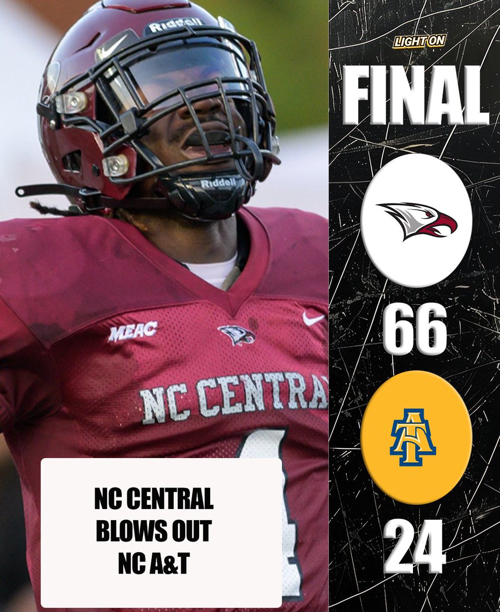 LightOnSports's tweet image. HBCU Final: NC Central BLOWS OUT NC A&amp;amp;T 66-24 🦅

#EaglePride

@NCCU_Football