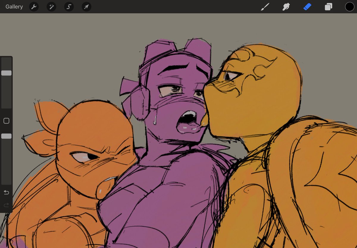 Squigglingo's tweet photo. Erm Mikey/Donnie/Venus threesome (she has a dick). Mikey is jealous even though they’re both fucking Donnie. My headcannon is that Mikey and Venus are twins #tcest #Mitello  #Venitello (? Idk if they have a ship name) https://t.co/hkkUT0vub3