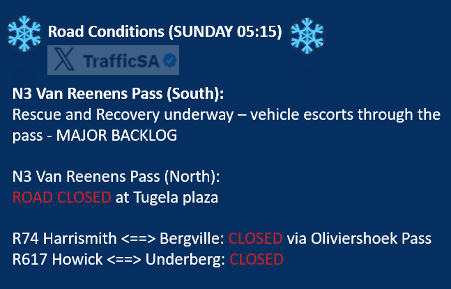 TrafficSA's tweet photo. Free State / KZN - #SNOW Road Conditions (Latest) https://t.co/TMe9CTZsyL
