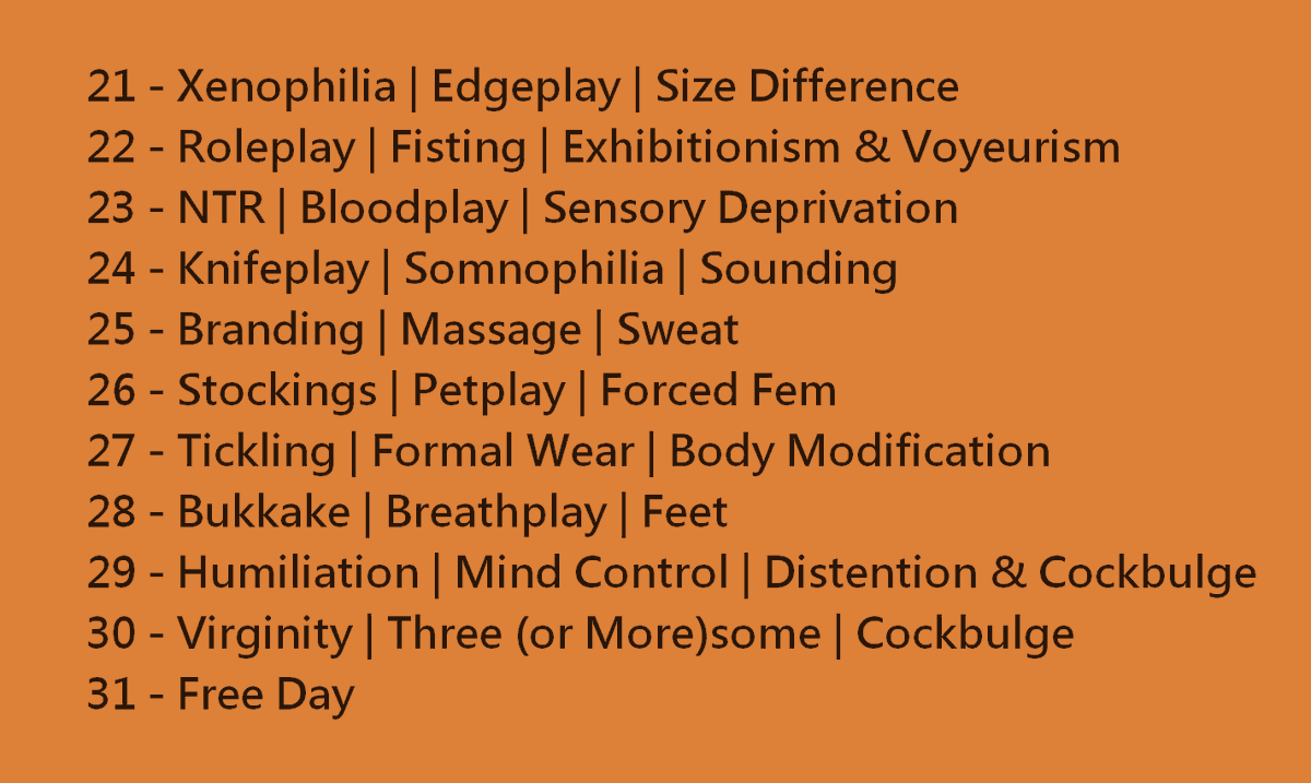 truly_morgan_'s tweet photo. #kinktober2024

my go-to account for a kinktober list didn't post this year, so I figured I'd make my own 🥴 Did a similar format because I like having the choice between many prompts for a day (or to mix them up). Posted for anyone interested in finding a list https://t.co/nQ9xRJ0fMd