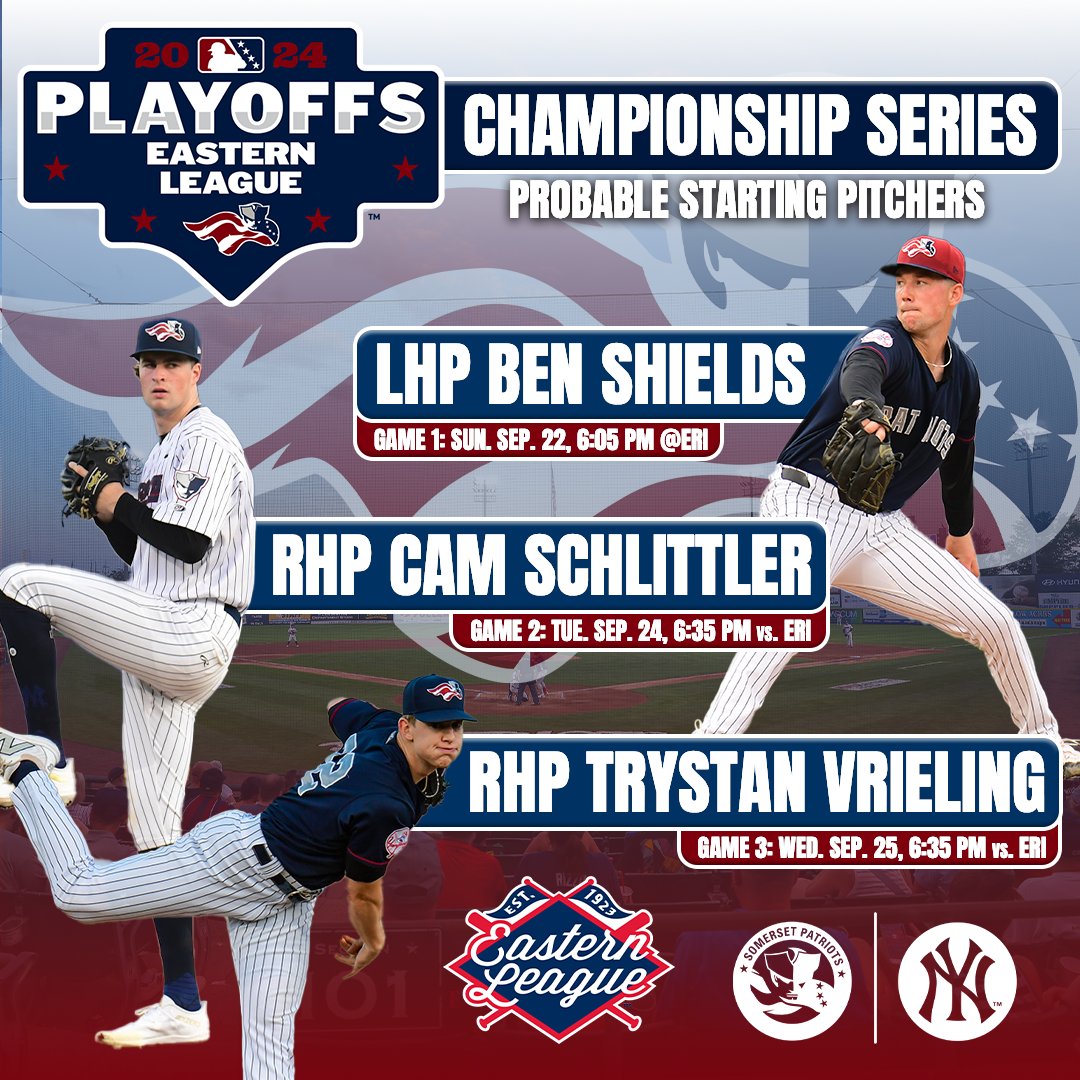 SOMPatriots's tweet photo. The 2024 Eastern League Championship Series begins tonight as Ben Shields takes the mound in Erie🔥 https://t.co/qIyh3JgVEo