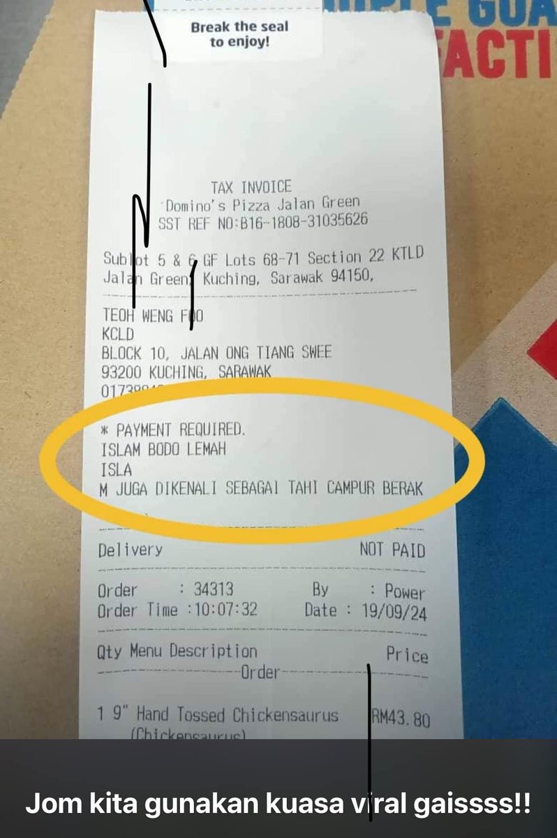 JonnJonnyyy's tweet photo. Oh wow.. Seriously? @PDRMsia @DominosMY @hmetromy @bharianmy @sarawak_report @tv3malaysia @BernamaTV https://t.co/fFtv2ulLAJ