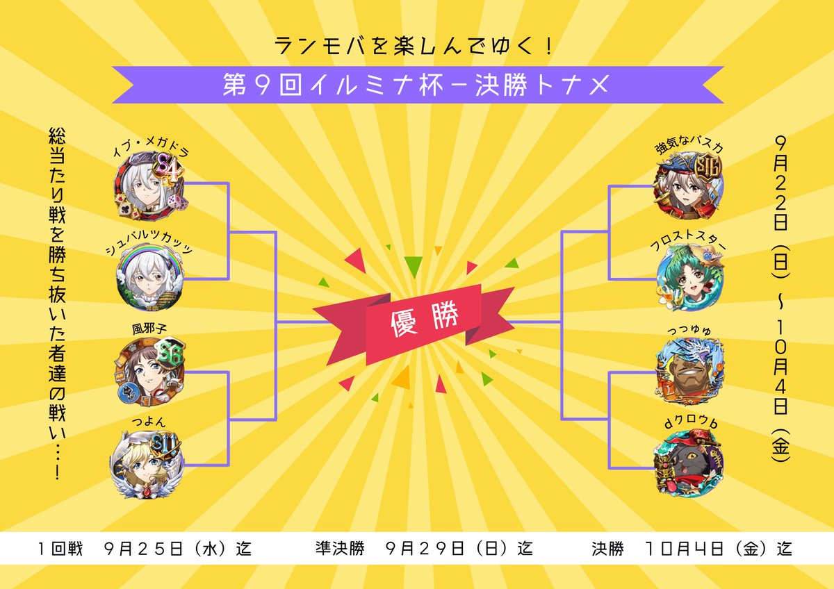 EveMegadora's tweet photo. ◾️第9回イルミナ杯
決勝トーナメントを開始します🥳

トーナメントの組み合わせが決まりましたので、画像をご参照ください
※組み合わせはルーレットにより公正に決定しました🙂

果たして優勝するのは誰でしょうか‥！？ https://t.co/JFwvKMpxLF