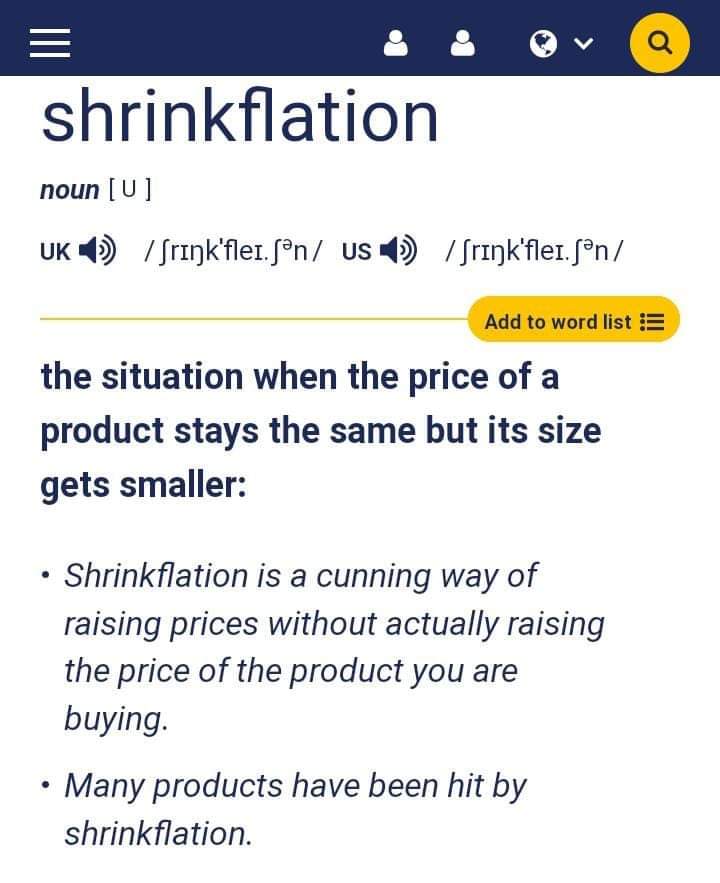 AliElpardisy's tweet photo. يعرف "التضخم الانكماشي"  "Shrinkflation" في الاقتصاد بأنه ممارسة تقوم خلالها الشركات بتقليل حجم أو كمية المنتج، مع إبقاء سعره كما هو أو زيادته قليلاً. https://t.co/JkDnz2885z