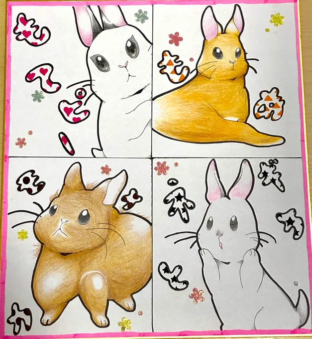 #うさぎのいる生活 
#いいねした人フォローする
#イラスト好きとつながりたい 
色紙に僕の歴代育てたウサギ4羽たち🐇🐇🐇🐇💕
大切な家族。 